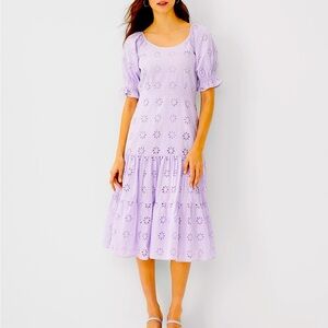 Ann Taylor  Eyelet Scoop Neck Puff Sleeve Midi Dress, Size 2, Lavender